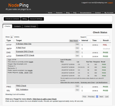 NodePing Web Site Monitoring Status